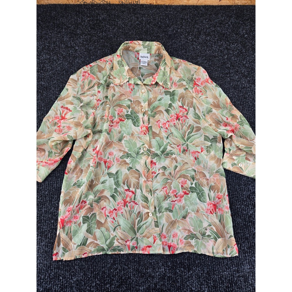 BonWorth Womens Large Tropical Floral Sheer Button Down Blouse Green Coral 25380 - Picture 2 of 9